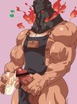  1boy ^_^ abs apron bar_censor bara censored chest chest_hair closed_eyes cowboy_shot cum ejaculation erection fire glass glowing glowing_eyes helmet highres kirupi male_focus muscle naked_apron nipples pectorals penis red_eyes simple_background solo surtr_(tokyo_houkago_summoners) thick_thighs thighs tokyo_houkago_summoners 