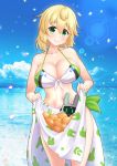  beach bikini blonde_hair blue_sky breasts cloud cloudy_sky food fruit green_eyes highres huge_breasts looking_at_viewer ocean orange robot sarong sarong_lift shiromaru_(maniado) sky smile sparkle sunlight swimsuit thick_eyebrows 