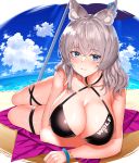  1girl animal_ear_fluff animal_ears bangs beach beach_towel bikini black_bikini blue_eyes blue_sky blush bracelet breasts cloud commentary_request day eyebrows_visible_through_hair halterneck highres jewelry large_breasts long_hair looking_at_viewer lying ocean original rinaka_moruchi silver_hair sky smile solo swimsuit thigh_strap thighs towel wolf_ears 