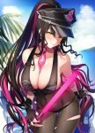  1girl bare_arms bare_shoulders between_breasts bikini black_bikini black_gloves black_hair black_headwear bodystocking breasts cleavage covered_navel cowboy_shot day earrings fate/grand_order fate_(series) fingerless_gloves gloves groin hat highres holding jewelry large_breasts long_hair looking_at_viewer miko_92 military_hat multicolored_hair necktie outdoors peaked_cap ponytail sesshouin_kiara sesshouin_kiara_(swimsuit_mooncancer)_(fate) skindentation smile solo standing string_bikini swimsuit torn_clothes two-tone_hair very_long_hair yellow_eyes 
