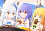  3girls :d ^_^ barbecue bare_arms bare_shoulders blonde_hair blue_bow blush bow brown_choker brown_eyes choker closed_eyes closed_mouth collarbone commentary_request corn day dress eating food hair_ribbon holding holding_food holding_plate meat multiple_girls one_side_up open_mouth original parted_lips plate purple_hair ribbon silver_hair sleeveless sleeveless_dress smile tongs white_dress white_ribbon yuuhagi_(amaretto-no-natsu) 