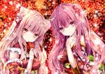  2girls animal_ears autumn blush brown_hair leaves long_hair nanase_nao original purple_eyes purple_hair yellow_eyes 