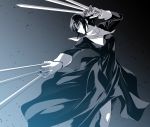  1girl black_dress blue_eyes ciel dress fighting_stance highres holding holding_knife ishiyumi knife looking_back looking_down monochrome solo spot_color tsukihime 