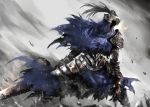  1boy arm_at_side armor artorias_the_abysswalker cape commentary_request dark_souls facing_viewer full_armor gauntlets grey_background helmet highres holding holding_sword holding_weapon knight legs_apart looking_to_the_side male_focus pauldrons plume shimoda_masaya shoulder_armor solo souls_(from_software) sword torn_cape torn_clothes weapon 