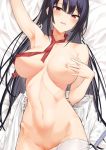  1girl :d arm_up armpits bangs black_hair blush breasts collarbone covering covering_nipples groin hair_between_eyes haitekudasai_takamine-san hiiragi_yuuichi large_breasts long_hair looking_at_viewer navel necktie nude open_mouth red_eyes sidelocks smile solo stomach takamine_takane very_long_hair 