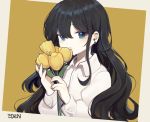  1girl black_hair blue_eyes ear_piercing eden_(e2kay) flower holding holding_flower long_hair looking_to_the_side original piercing solo tulip yellow_flower 