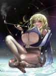  1girl absurdres blonde_hair breasts full_body highres large_breasts long_hair looking_at_viewer lqawsed1425 moon moon_(ornament) navel original pantyhose pipe sitting smile smoking solo underwear wet wet_clothes 