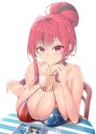  1girl absurdres american_flag_bikini azur_lane bangs bikini blush breasts bremerton_(azur_lane) bubble_tea bubble_tea_challenge cellphone cellphone_charm cleavage desk drink drinking drinking_straw_in_mouth ear_piercing earrings flag_print hair_between_eyes hair_bun hand_in_hair highres hoop_earrings jewelry large_breasts long_hair meme mole mole_on_breast mole_under_eye multicolored_hair northampton_(azur_lane) object_on_breast phone piercing pink_eyes pink_hair sakkama sideboob sitting skindentation solo streaked_hair swimsuit 