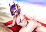  1girl :d arm_support artist_name ass bare_arms bare_shoulders beach beach_towel bikini blush breasts breasts_apart cellphone choker collarbone easonx fate/grand_order fate_(series) flower from_behind grin hair_flower hair_ornament hair_ribbon hand_on_own_ass horns looking_at_viewer looking_back lying micro_bikini ocean on_stomach oni_horns open_mouth phone purple_bikini purple_choker purple_eyes purple_hair purple_ribbon red-framed_eyewear red_ribbon ribbon round_eyewear sand short_hair shuten_douji_(fate/grand_order) side-tie_bikini skin-covered_horns smartphone smile solo sunglasses swimsuit teeth towel twisted_torso underboob yellow_flower 