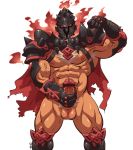  1boy abs armor bar_censor bara censored chest chest_hair chest_harness cowboy_shot erection fire glowing glowing_eyes helmet highres kirupi male_focus male_masturbation male_pubic_hair masturbation muscle nipples nude pectorals penis pubic_hair red_eyes revealing_clothes simple_background solo surtr_(tokyo_houkago_summoners) testicles thick_thighs thighs tokyo_houkago_summoners 