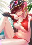  1girl :q absurdres bangs bare_shoulders bikini bikini_tug black_headwear blush breasts eyewear_on_headwear hat heart heart-shaped_eyewear heterochromia highres hololive houshou_marine large_breasts long_hair looking_at_viewer red_bikini red_eyes red_hair roco_(rocoroco1115) sitting smile solo sunglasses swimsuit thighs tinted_eyewear tongue tongue_out twintails virtual_youtuber wet yellow_eyes 