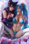  2:3 ahri_(lol) animal_humanoid big_breasts black_hair blue_eyes blue_hair bra breasts canid canid_humanoid canine canine_humanoid clothing duo female female/female fox_humanoid hair human human_on_humanoid humanoid interspecies league_of_legends legwear long_hair mammal mammal_humanoid olchas panties riot_games sona_(lol) spread_legs spreading thigh_highs underwear video_games yellow_eyes 