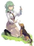  1girl absurdres asao_(vc) boots byleth_(fire_emblem) byleth_(fire_emblem)_(female) closed_mouth dog fire_emblem fire_emblem:_three_houses fish garreg_mach_monastery_uniform grass green_eyes green_hair high_heel_boots high_heels highres holding long_sleeves smile solo uniform 