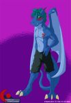  anthro blue_body blue_hair bottomwear claws clothed clothing dragon fangs green_eyes hair male multicolored_body pants partially_clothed saruuk simple_background solo tattoo two_tone_body wings 