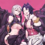  2girls ;d arachne arahnia_taranterra_arachnida bare_shoulders black_hair breasts carapace cleavage commentary_request crossover cup detached_sleeves drink elbow_gloves extra_eyes extra_legs gloves grin hair_between_eyes hand_on_own_face holding holding_cup insect_girl large_breasts long_hair monster_girl monster_musume_no_iru_nichijou monster_musume_no_oisha-san multiple_girls one_eye_closed open_mouth pd_(seripanda) rachnera_arachnera red_background red_eyes short_hair silver_hair simple_background smile spider_girl spider_legs trait_connection underboob 