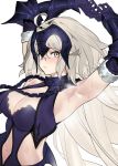  1girl absurdres ahoge armpits arms_up bangs bare_shoulders black_dress blush breasts brown_eyes chain cleavage collar dress eyebrows_visible_through_hair fate/grand_order fate_(series) from_side fur_trim gauntlets hair_between_eyes headpiece highres jeanne_d&#039;arc_(alter)_(fate) jeanne_d&#039;arc_(fate)_(all) jikatarou long_hair looking_at_viewer looking_to_the_side medium_breasts navel navel_cutout parted_lips revealing_clothes silver_hair sleeveless sleeveless_dress solo upper_body very_long_hair 