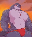  anthro big_muscles big_pecs blush bulge carpet_shark clothing fish hi_res male marine muscular muscular_anthro muscular_male outside pecs sea seintaur shark solo solo_focus spots spotted_body standing sunset swimwear water whale_shark whistle 