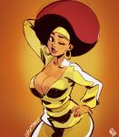  1girl afro arm_behind_head arm_up belt big_hair black_dynamite black_eyes breasts brown_hair cleavage collarbone commentary contrapposto dark_skin earrings english_commentary eymbee gold_earrings hand_on_hip highres honey_bee_(black_dynamite) hoop_earrings jewelry large_breasts lipstick looking_at_viewer makeup nail_polish no_bra one_eye_closed pants plunging_neckline solo standing sweater thick_eyebrows very_dark_skin yellow_headband yellow_pants yellow_sweater 