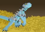  armor black_eyes blue_body breasts claws clothed clothing dinosaur female feral non-mammal_breasts reptile saruuk scalie simple_background solo yellow_sclera 