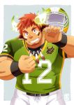  1boy animal_ears bara brown_hair chest ei_(bara_artist) facial_hair feathers forked_eyebrows glowing_horns goatee headwear_removed helmet helmet_removed horns looking_at_viewer male_focus manly muscle native_american rugby_uniform short_hair smile solo sportswear thick_eyebrows tokyo_houkago_summoners upper_body wakan_tanka 