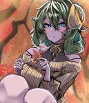  1girl :o absurdres alternate_costume autumn_leaves bare_shoulders blue_eyes blurry blush bow breasts collarbone daiyousei depth_of_field dutch_angle eyelashes green_hair hair_between_eyes hair_bow highres holding holding_leaf huge_filesize large_breasts leaf leotard long_sleeves looking_at_viewer lunateelf no_wings off_shoulder outdoors short_hair side_ponytail sitting solo sweater touhou upper_body yellow_bow 