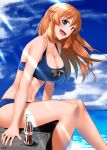  1girl absurdres bikini blue_bikini blue_eyes blue_sky bottle breasts brown_hair charlotte_e_yeager cloud coca-cola cola commentary_request day feet_out_of_frame highres hiroshi_(hunter-of-kct) horizon large_breasts long_hair ocean open_mouth outdoors sitting sky smile solo strike_witches swimsuit upper_teeth world_witches_series 