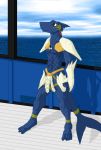  anthro armor blue_body claws clothed clothing collar detailed_background fish grey_body male marine muscular muscular_anthro muscular_male partially_clothed saruuk shark solo 