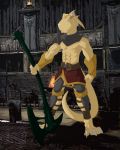  anthro armor axe claws clothed clothing detailed_background holding_object holding_weapon lizard male melee_weapon muscular muscular_anthro muscular_male reptile saruuk scalie scar solo weapon 