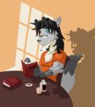  anthro black_hair blue_eyes book breasts canid canine canis cigarette clothed clothing eyewear female fluffy fluffy_tail fur glasses grey_body grey_fur hair mammal reading saruuk simple_background sitting solo wolf 