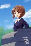  1girl artist_name bangs blue_jacket blue_sky blurry blurry_background brown_eyes brown_hair cloud cloudy_sky commentary dated day depth_of_field eyebrows_visible_through_hair from_side girls_und_panzer hand_on_own_throat highres jacket long_sleeves looking_at_viewer military military_uniform mimic_(ryon733) nishizumi_miho ooarai_military_uniform open_mouth outdoors short_hair signature sky smile solo tank_cupola throat_microphone uniform 