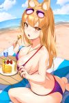  1girl :o absurdres animal_ears ass back bare_arms bare_legs bare_shoulders barefoot beach beach_towel blue_sky blueberry blush breasts cleavage cloud collarbone cup day dimples_of_venus drink drinking_glass eyewear_on_head fate/grand_order fate_(series) food fork fox_ears fox_girl from_behind fruit haneramu heavenly_demon_princess highres holding holding_fork ice ice_cube large_breasts long_hair looking_at_viewer looking_back ocean open_mouth orange_eyes orange_hair outdoors pancake purple-tinted_eyewear rimless_eyewear sitting sky solo strawberry sunglasses suzuka_gozen_(fate) towel wariza water wooden_table 
