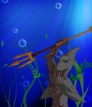  anthro detailed_background fish grey_body holding_object holding_weapon male marine melee_weapon muscular muscular_anthro muscular_male polearm saruuk shark solo tattoo trident underwater water weapon 