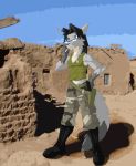  anthro black_hair blue_eyes breasts canid canine canis clothed clothing detailed_background eyewear female fluffy fluffy_tail fur glasses grey_body grey_fur hair knife mammal multicolored_body multicolored_fur saruuk solo wolf 