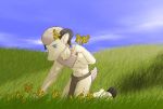  anthro blue_eyes bovid caprine clothed clothing detailed_background fluffy fluffy_tail fur horn kneeling male mammal partially_clothed saruuk sheep solo white_body white_fur 