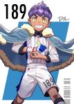  1boy artist_name collared_shirt commentary_request dark_skin dark_skinned_male dolustoy dynamax_band eyelashes fingernails fur-trimmed_jacket fur_trim gloves highres hop_(pokemon) jacket looking_at_viewer looking_down male_focus number partly_fingerless_gloves pokemon pokemon_(game) pokemon_swsh purple_hair shirt short_hair shorts single_glove smile solo teeth yellow_eyes 