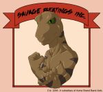  anthro black_eyes brown_body dinosaur english_text flexing green_sclera male multicolored_body muscular muscular_anthro muscular_male reptile saruuk scalie simple_background solo text two_tone_body 