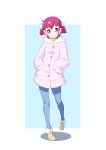  1girl :3 absurdres ahoge blue_background border coat denim drill_hair earmuffs eyebrows_visible_through_hair foreshortening full_body fur_trim hair_ornament hands_in_pockets highres hoshizora_miyuki jeans lips matatabi_(karukan222) outside_border pants pink_eyes pink_hair pom_pom_(clothes) precure shoes simple_background smile smile_precure! solo twin_drills walking white_border winter_clothes winter_coat 