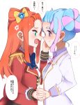  2girls absurdres aikatsu!_(series) aikatsu_stars! anger_vein blazer blue_eyes blush bow bowtie commentary double_bun epaulettes eye_contact eyelashes face-to-face facing_another fang forehead forehead-to-forehead green_eyes hanazono_kirara hands_on_another&#039;s_face highres holding_hands interlocked_fingers jacket light_blue_hair long_sleeves looking_at_another multicolored multicolored_eyes multicolored_hair multiple_girls nose_blush open_mouth orange_hair pink_eyes pink_hair s4_uniform saotome_ako school_uniform sidelocks sideways_mouth smile speech_bubble streaked_hair upper_body venus_ark_uniform yotsuboshi_academy_uniform yuri zenryoku 