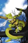  anthro armor breasts clothed clothing detailed_background female green_body lizard multicolored_body muscular muscular_anthro muscular_female non-mammal_breasts orange_eyes partially_clothed reptile saruuk scalie solo two_tone_body yellow_body 