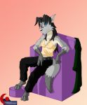  anthro black_hair blue_eyes breasts canid canine canis clothed clothing eyewear female fluffy fluffy_tail fur glasses grey_body grey_fur hair mammal multicolored_body multicolored_fur saruuk simple_background sitting solo two_tone_body two_tone_fur white_body white_fur wolf 