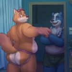  anthro badger blue_body blue_fur blush bottomwear bulge butt canid canine clothed clothing disney duo finger_claws fluffy fluffy_tail fox fur gideon_grey glitter_trap_boy hair hi_res inside jay_wolfe jockstrap looking_back male mammal mostly_nude mustelid musteline open_mouth orange_body orange_fur overweight overweight_male shirt shorts standing tank_top topwear underwear zootopia 