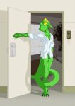  anthro breasts claws clothed clothing detailed_background female green_body lizard non-mammal_breasts partially_clothed reptile saruuk scalie solo yellow_eyes 