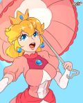  1girl :o artist_name bad_hand blonde_hair blue_background blue_eyes c_starlett crown dress earrings gloves highres jewelry mario_(series) open_mouth outstretched_arm pink_skirt pink_umbrella princess_peach simple_background sketch skirt solo super_mario_bros. super_smash_bros. teeth tight_dress umbrella white_gloves 