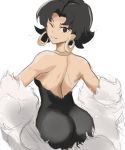  1girl ass betty_boop betty_boop_(character) black_dress black_eyes black_hair breasts dress earrings eyebrows eyebrows_visible_through_hair fur_coat gold_necklace highres hoop_earrings jewelry looking_at_viewer looking_back medium_breasts messy_hair necklace one_eye_closed rakeem_garcia-cueto short_hair smile teeth white_fur 