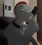  anthro detailed_background grey_body gun hair holding_object holding_weapon lizard male muscular muscular_anthro muscular_male photo ranged_weapon red_hair reptile saruuk scalie smile solo weapon yellow_eyes 