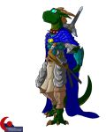  anthro armor blue_eyes claws clothed clothing green_body horn lizard male melee_weapon reptile saruuk scalie simple_background spikes sword weapon white_background 