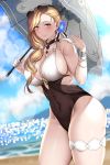  1girl absurdres azur_lane bangs bare_shoulders blonde_hair blue_eyes blush breasts cleavage collarbone covered_navel earrings eyewear_on_head flower hair_flower hair_ornament hair_over_shoulder highres holding holding_umbrella hood_(azur_lane) hood_(sunlit_lady)_(azur_lane) jewelry large_breasts long_hair looking_at_viewer necklace obei_teitoku one-piece_swimsuit parasol smile solo sunglasses swimsuit thigh_strap umbrella 