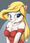  2020 animaniacs anthro blonde_hair breasts cleavage clothed clothing digital_media_(artwork) eyelashes eyeshadow female fur hair hi_res makeup mammal minerva_mink mink mustelid musteline mysticalpha smile solo text url warner_brothers white_body white_fur 