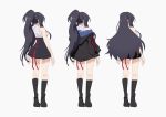  1girl absurdres black_hair breasts ei1han english_commentary from_behind highres large_breasts long_hair off-shoulder_jacket original ponytail standing variations white_background yoru_(ei1han) 
