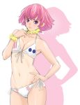  1girl bikini breasts gundam gundam_zz haman_karn hand_on_hip hand_on_own_chest highres looking_at_viewer pink_hair pout purple_eyes qubeley small_breasts solo swimsuit tamakoshi_horiyuki white_background white_bikini 